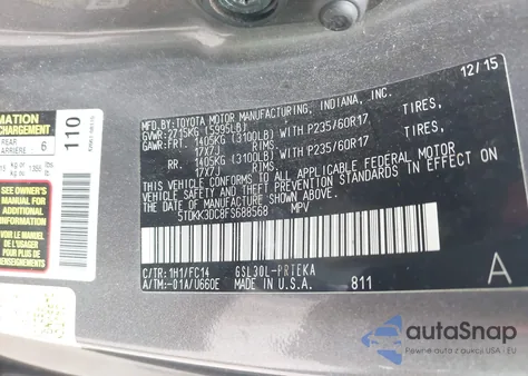 2015 Toyota Sienna Le 8 Passenger из США, поврежденный, VIN 5TDKK3DC8FS688568